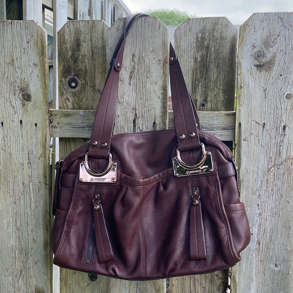 b. makowsky Brown Leather Satchel with Gold Hardware
